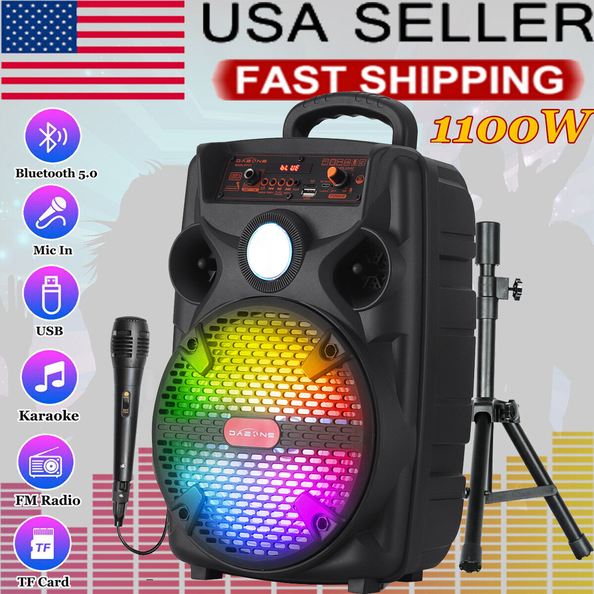 1100W Portable 8″ Bluetooth PA Speaker w/ Stand Mic Led Light Party Speaker TWS