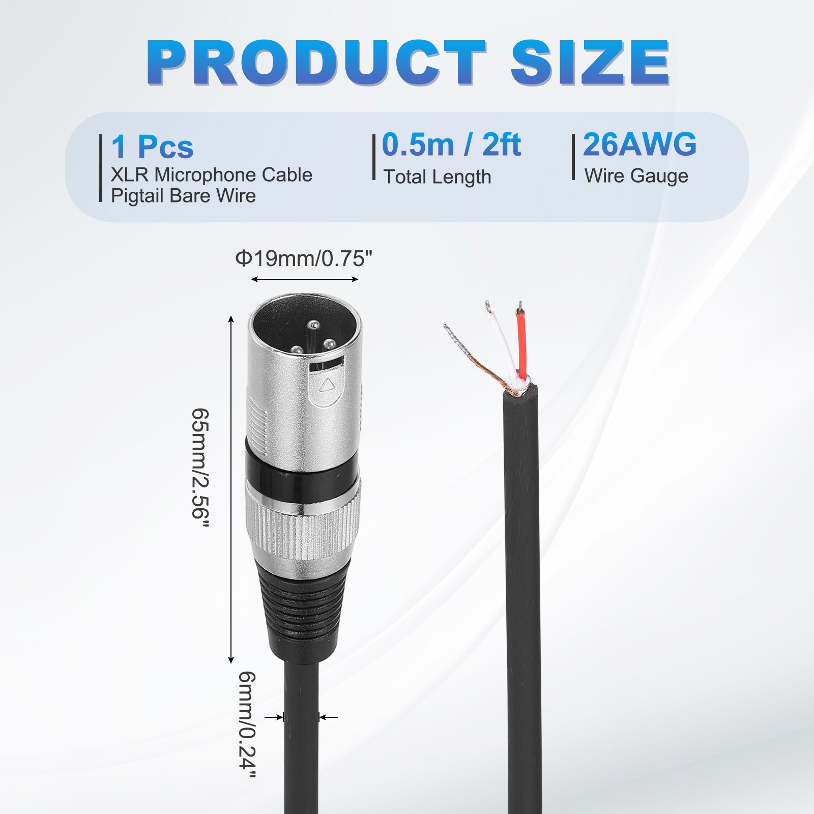 2feet Microphone Open End Cable, 3Pin Male OFC Cable Pigtail Bare Wire, Black