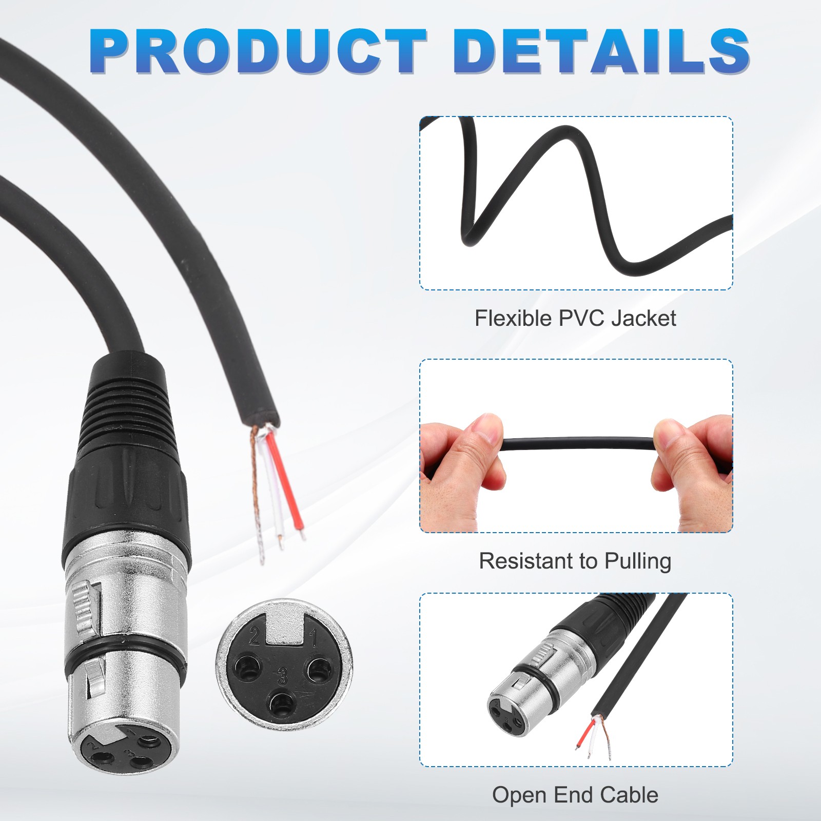 3feet XLR Microphone Open End Cable, 3Pin Female Cable Pigtail Bare Wire, Silver