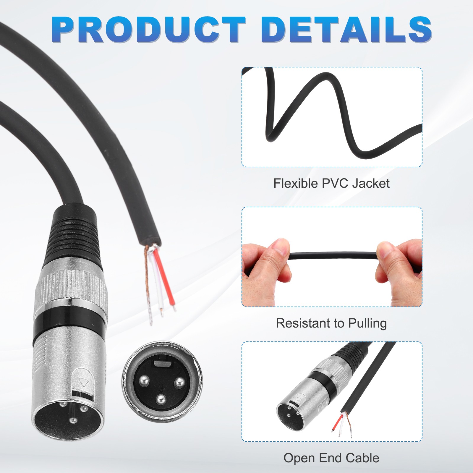 2feet Microphone Open End Cable, 3Pin Male OFC Cable Pigtail Bare Wire, Black