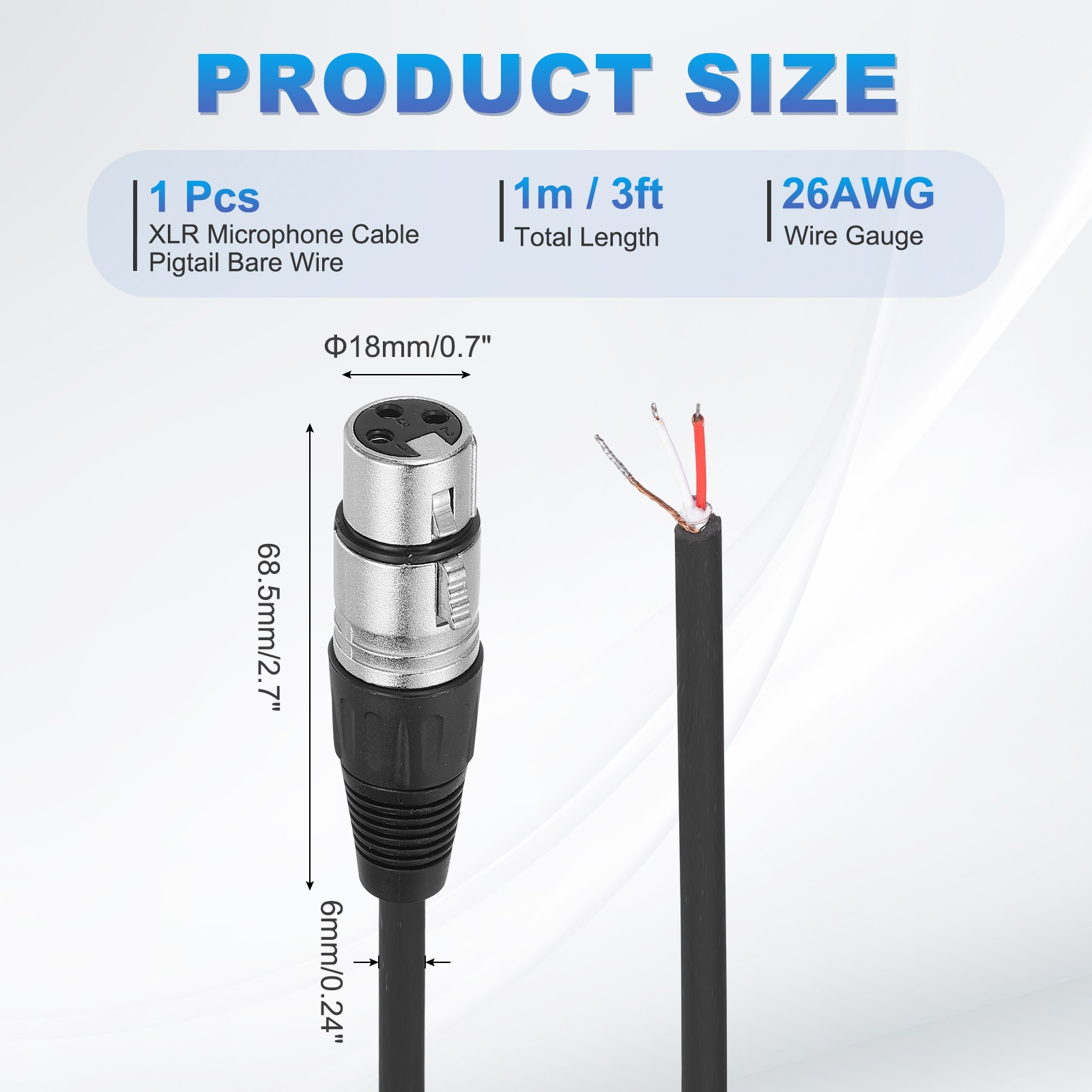 3feet XLR Microphone Open End Cable, 3Pin Female Cable Pigtail Bare Wire, Silver