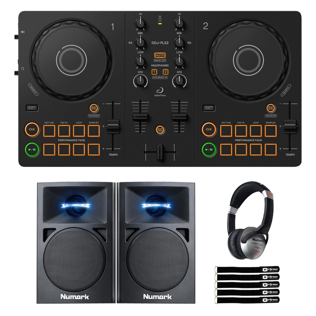 AlphaTheta DDJ-FLX2 Compact Beginner 2-Channel DJ Controller w Speakers Pack