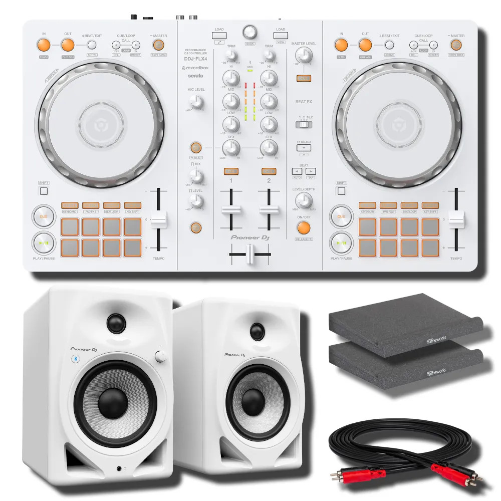 Pioneer DJ DDJ-FLX4-W White 2-Ch DJ Controller w/ DM-50D-BT-W White BT Monitors