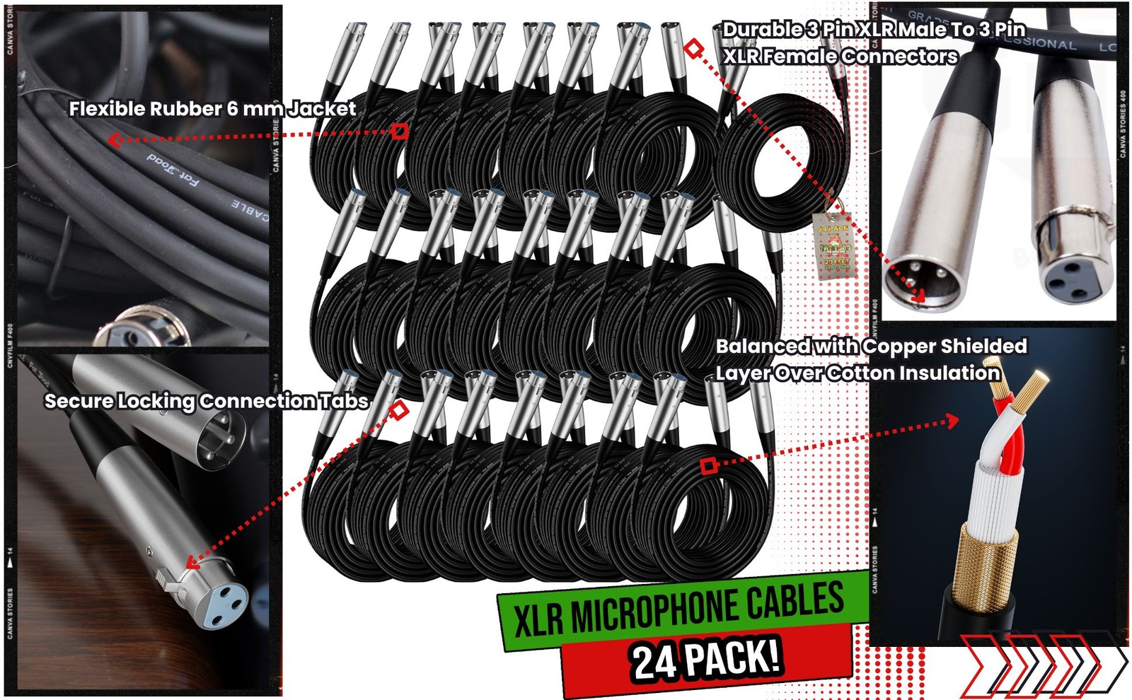 XLR Mic Wires BULK PACK | 20ft Pro-Audio Green Microphone Cords Extension Patch