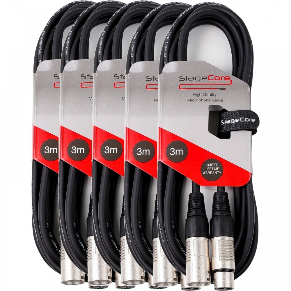 Stagg 5 x 3M Black XLR Male to Female Microphone Lead & Audio Signal Cable Pack