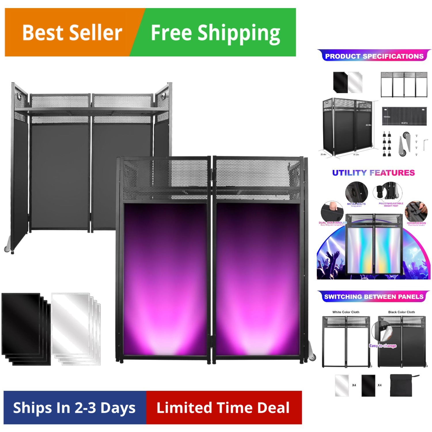 DJ Facade Booth Table 41″ x 43″x 20″-Portable with Black&White Lighting Scrim…